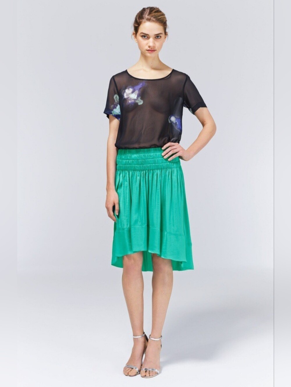 Wilfred Aritzia Teal Green Slinky Smocked Waist High-Low Pleated Midi Skirt US M